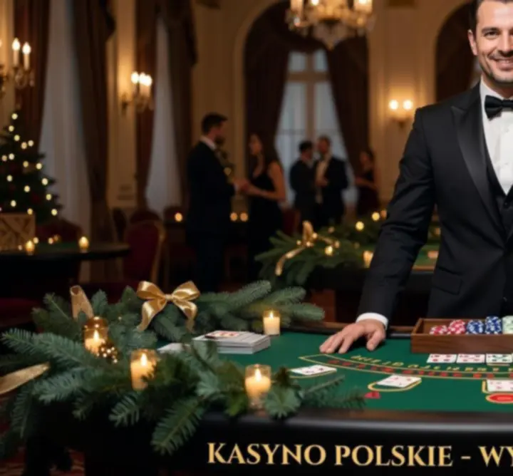 Prowadzący wieczór blackjacka prezentujący zasady gry przy stole kasynowym