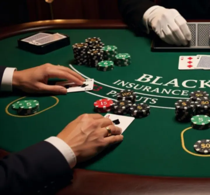 Zbliżenie na żetony i karty na profesjonalnym stole do blackjacka